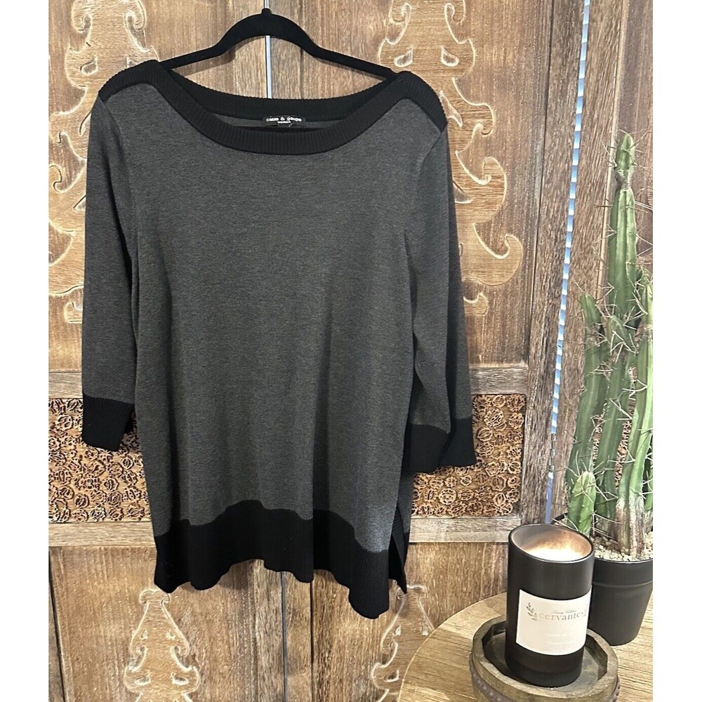 Cable & Gauge Sweater Gray Black Women’s  Size 1XL Long Boatneck  Colorblock